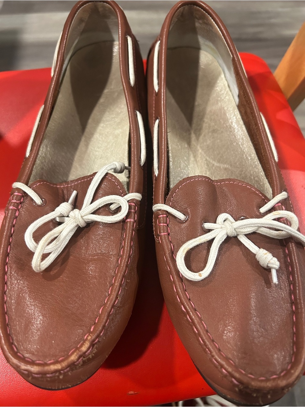 Cole Haan Brown Leather Moccasin Loafers with White Laces